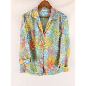 Blouse Cathy Daniels Women L Tropical Floral Sheer Resort Button Top‎
